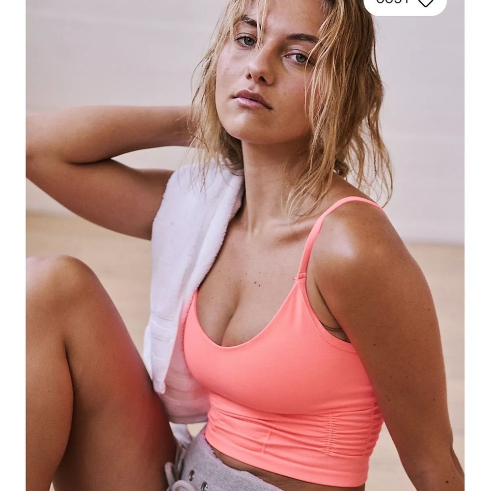 NWOT Free People Good Karma Ruched Cami and Flare Leg Set Neon Coral MSR…